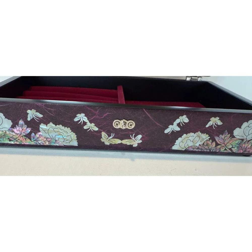 Handmade Korean Mother of Pearl Peony Jewelry Box Wooden Mirror Case Purple